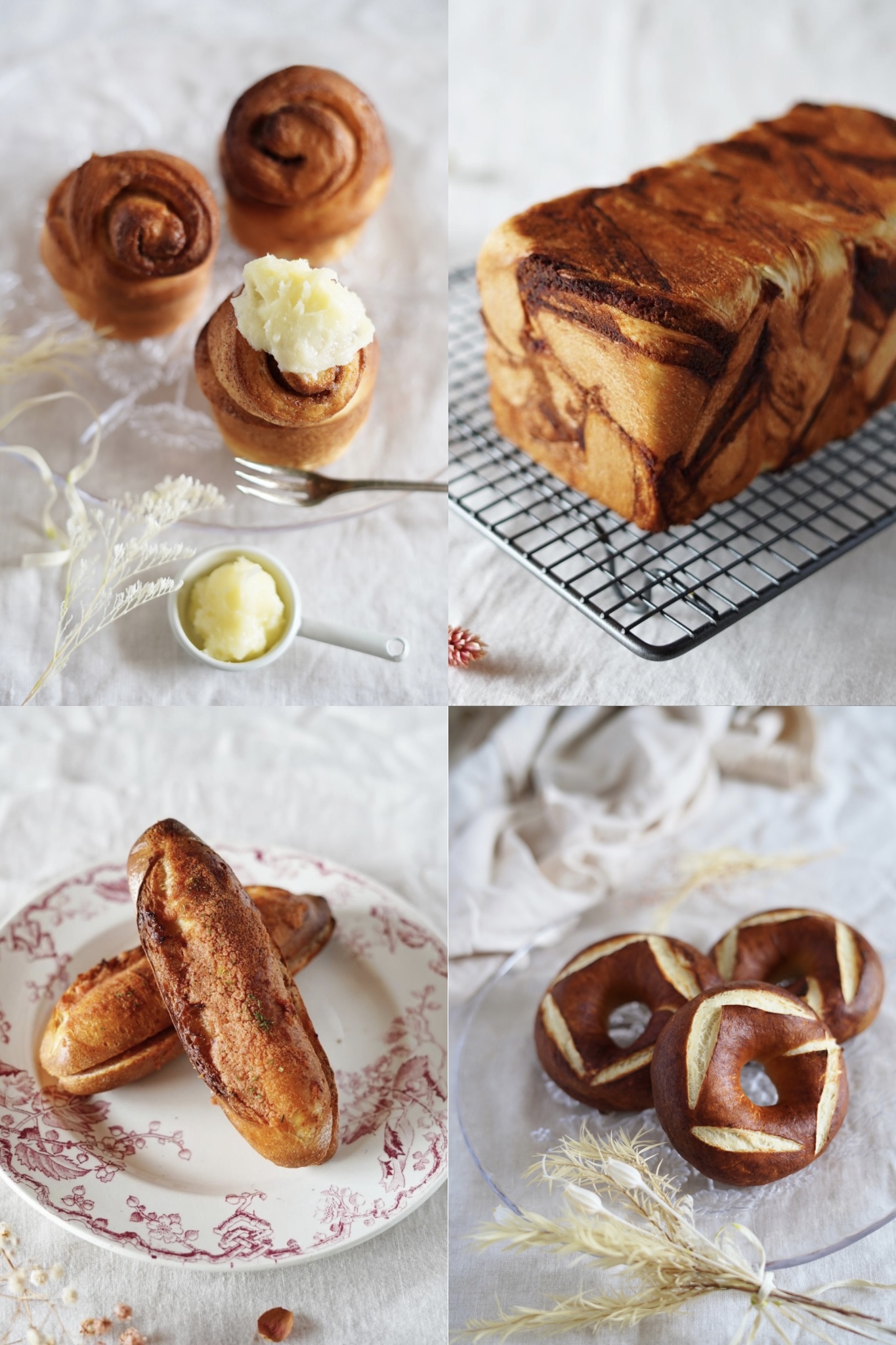 シナモンロールフロスティング（左上）・あん食パン（右上）・プレッツェルベーグル（右下）・明太フランス（左下）