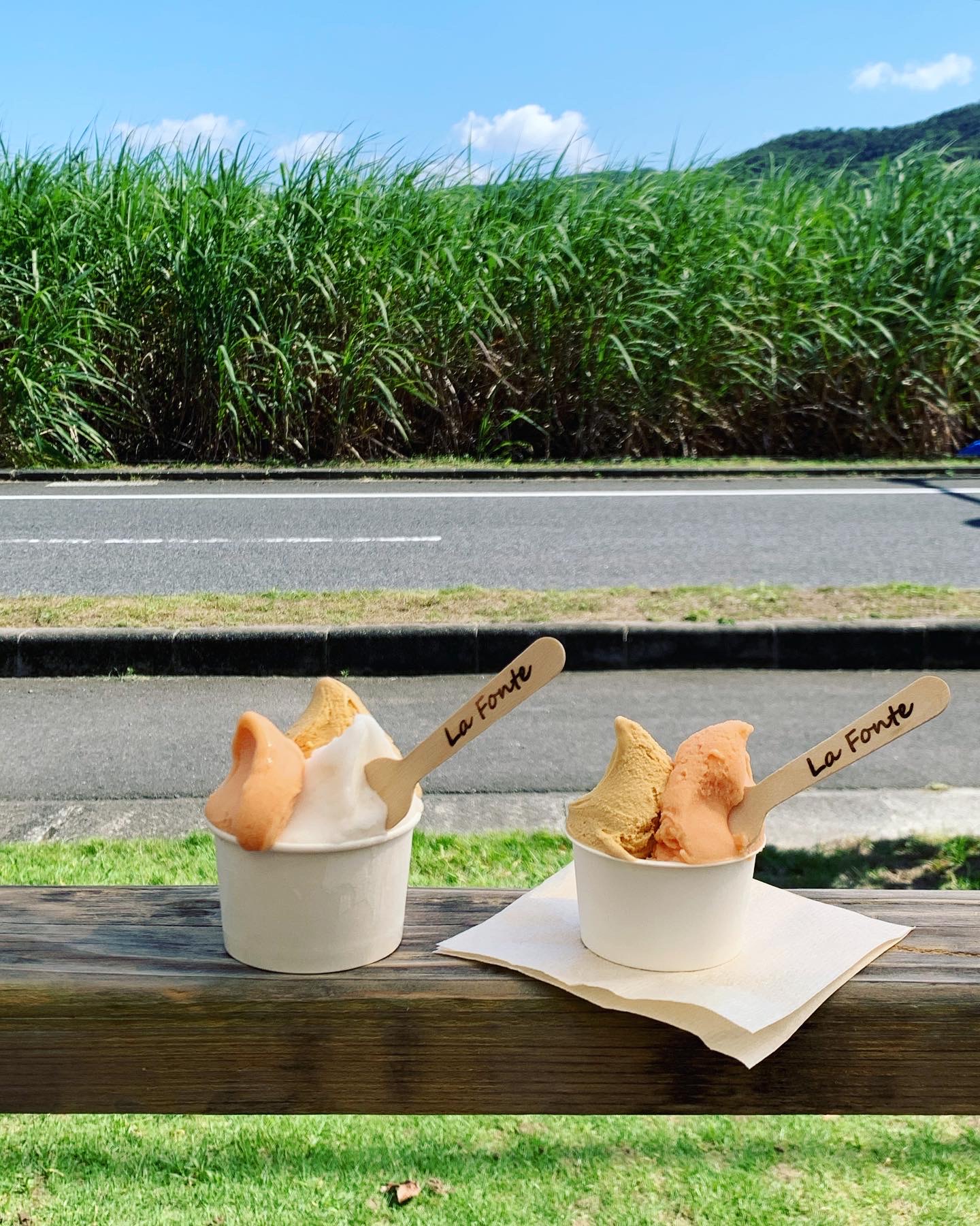 奄美大島のジェラート屋さん（ラ・フォンテ）・オレンジシャーベットとなしのシャーベットと島ザラメキャラメルのトリプル